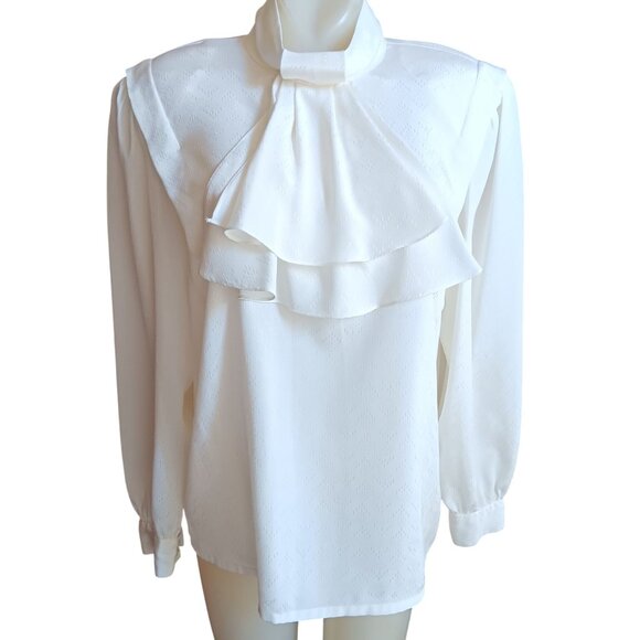 Medium 10 True Vintage Blouse White Ruffled High Neck Button Back Mom Secretary - Picture 2 of 7